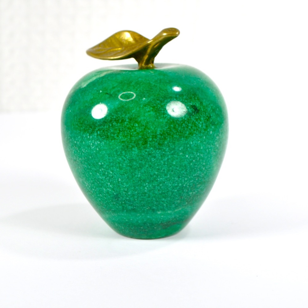 Vintage Midcentury Marble Green Apple Paperweight With Brass Stem - Picture 2 of 8